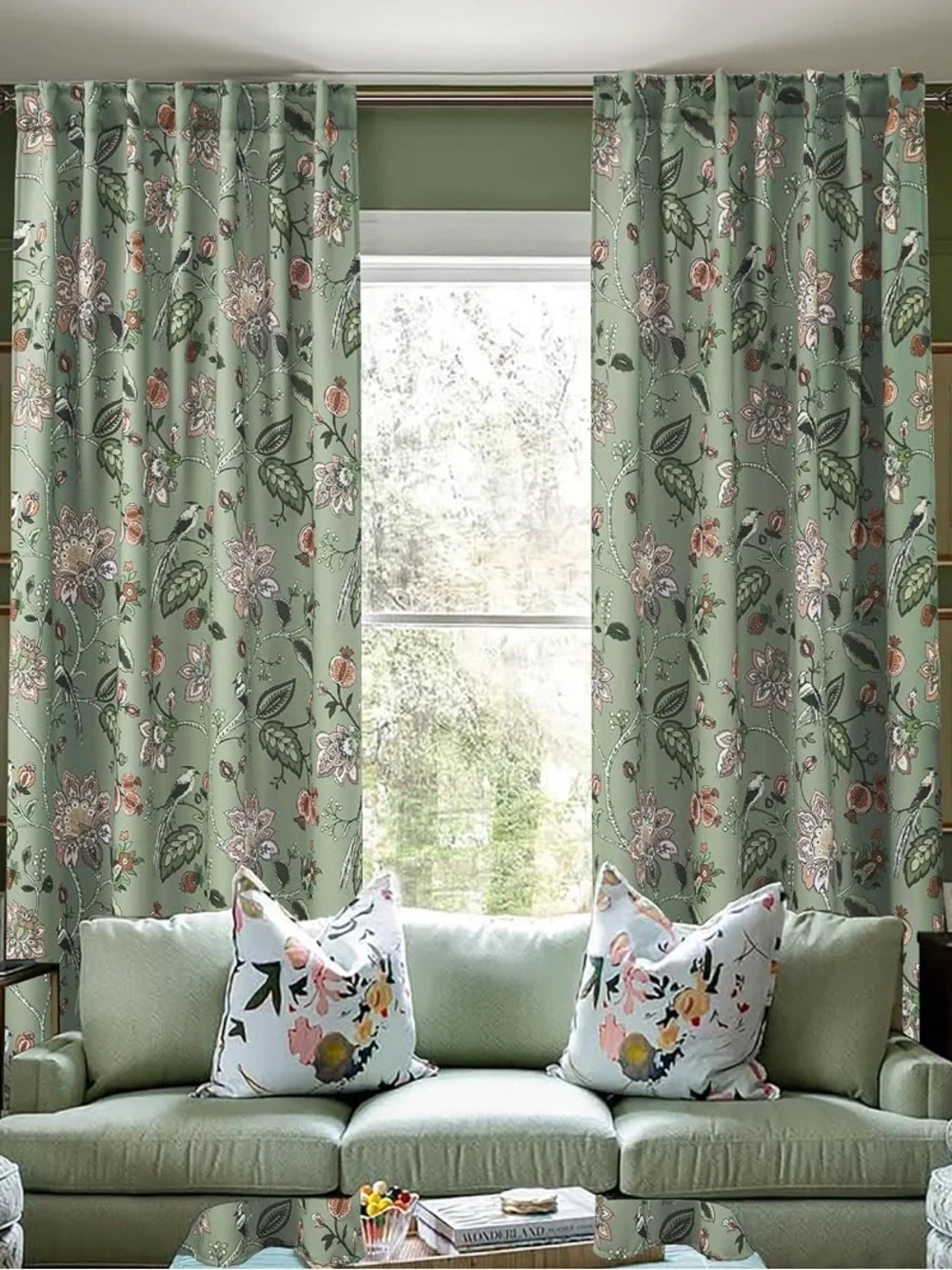 80% Blackout Botanical Sage Green Floral Curtain Panels